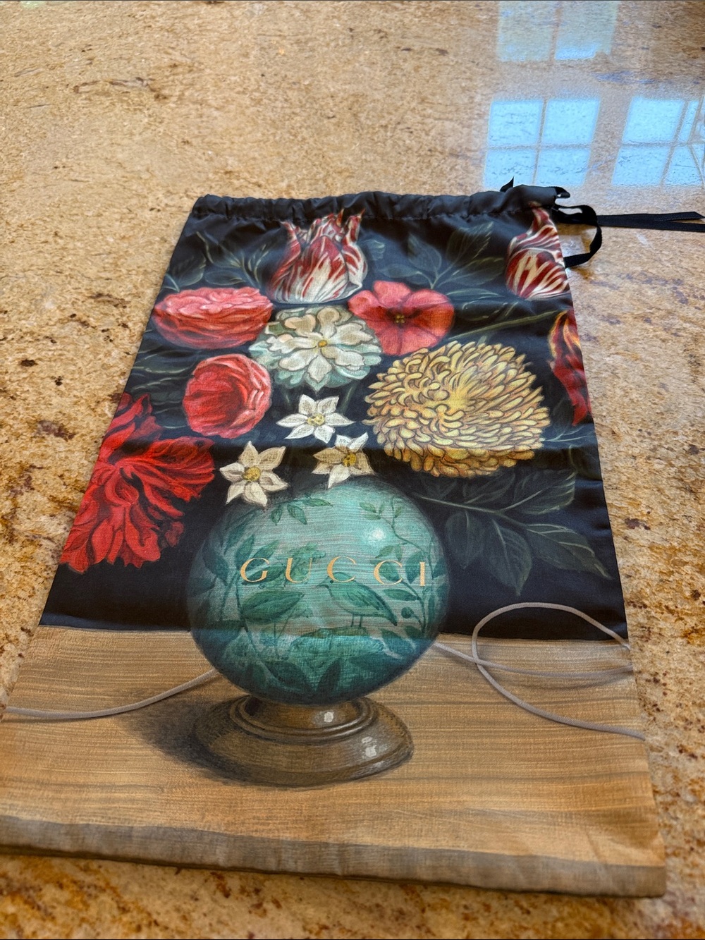 GUCCI DRAWSTRING DUST BAG IN RED, PINK, CREAM, YELLOW, & GREEN FLORALS, NO SHOES